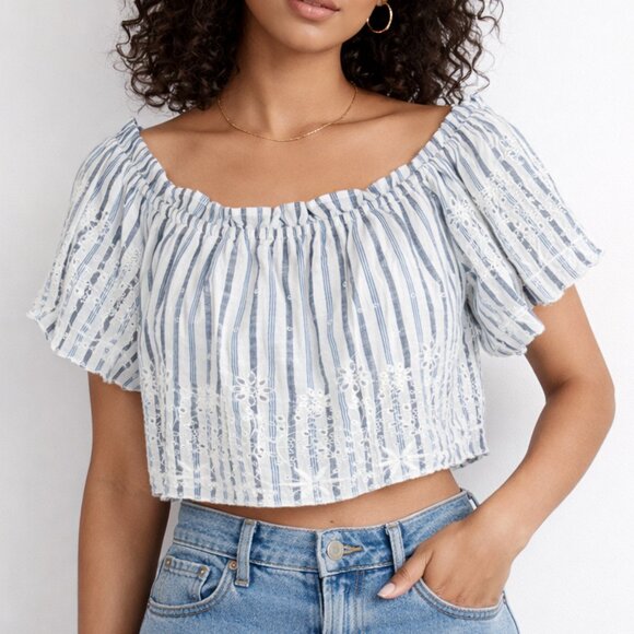 NWT LoveShackFancy Stripe Off-Shoulder Crop TopSize Medium